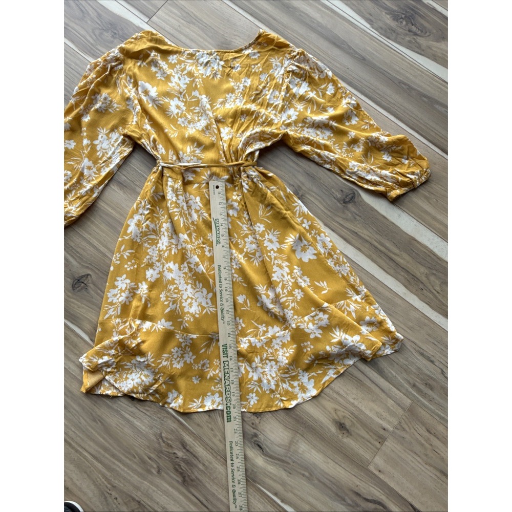 LULUS Floral In‎ This Together Dusty Yellow Wrap Half Sleeve Dress Summer L - Picture 4 of 5
